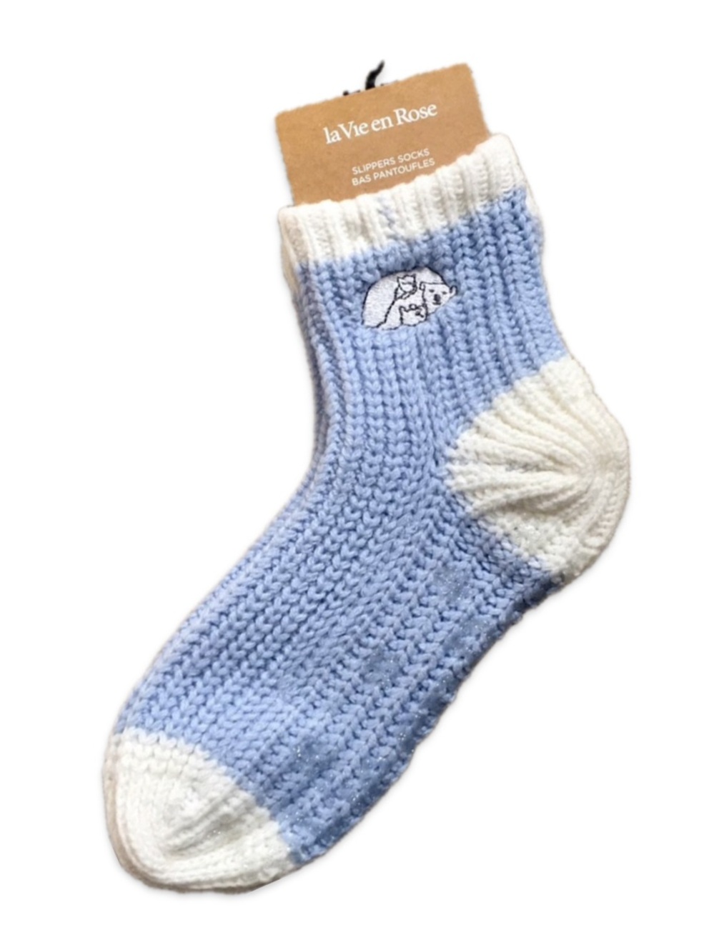 La Vie En Rose Blue White Winter Knit Non Slip Grip Slipper Socks One Size NWT